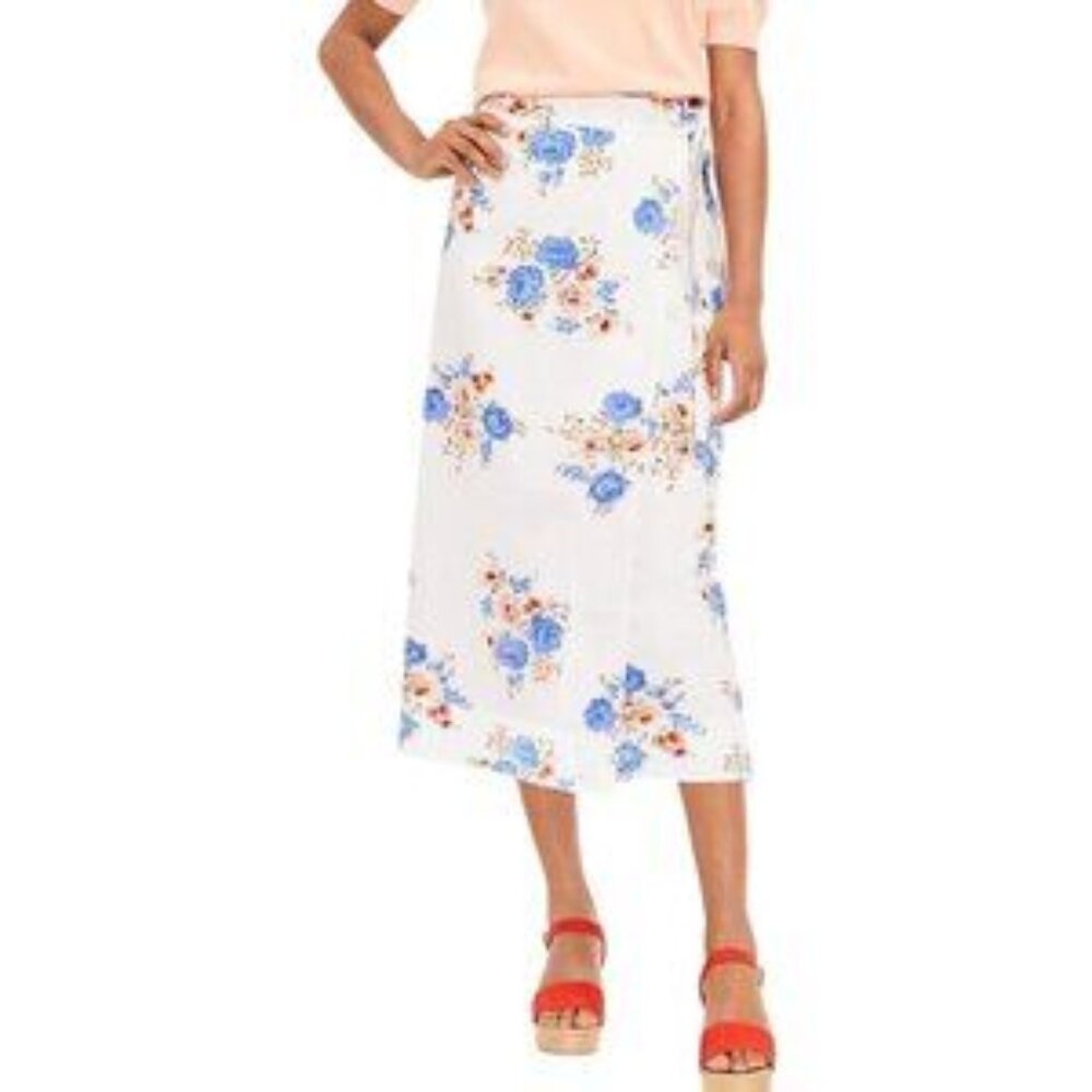 Loft Linen Floral Wrap Midi Skirt Women’s 8 Ivory Blue Floral Lined Cottagecore
